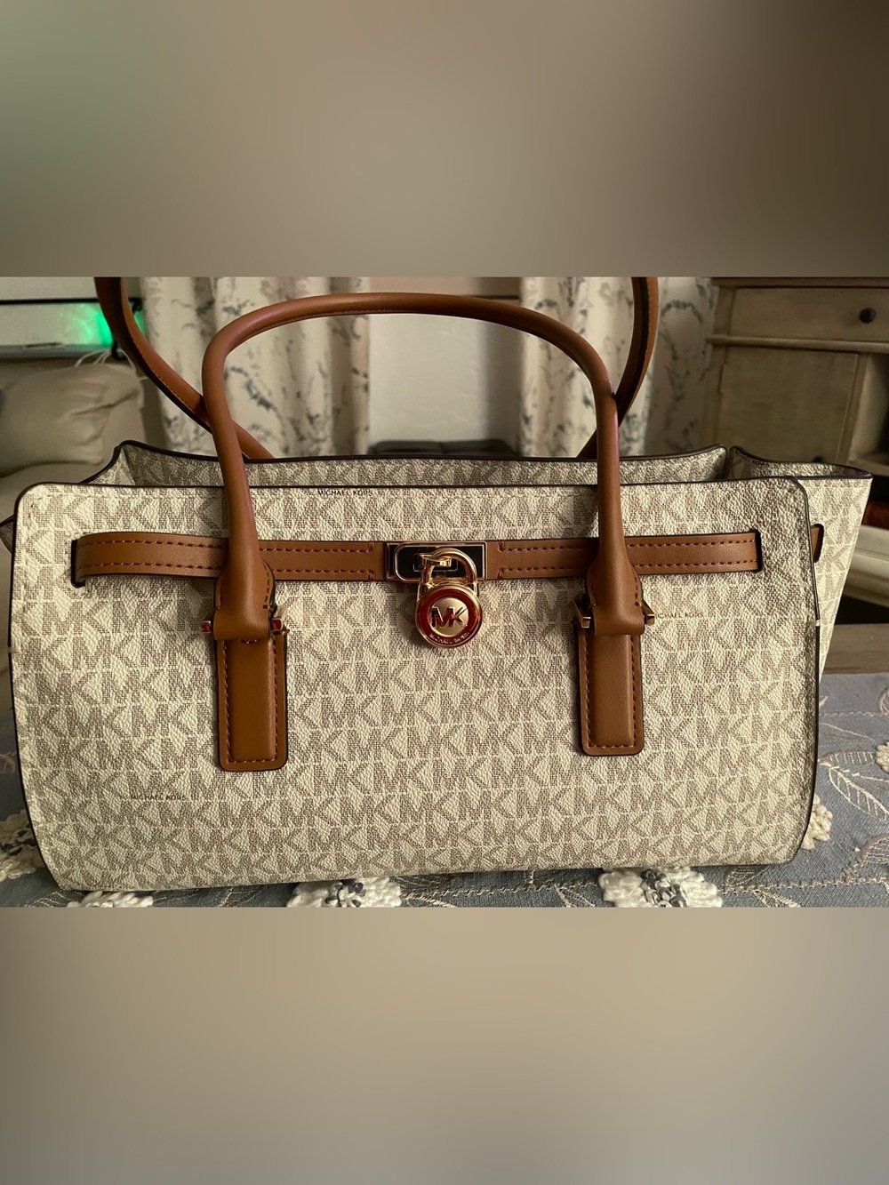 Michael Kors Beige Monogram Tote with Brown Trim